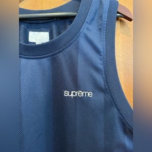 Men’s SS16 Supreme Stripe Mesh Dark Blue Embroidered Tank-Large- Great Condition